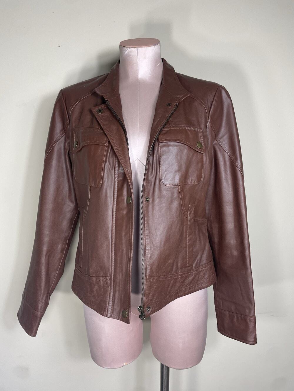 Vintage Cognac Leather Metrostyle Moto Jacket Womens Sz 8 Women's Brown 90s Y2K